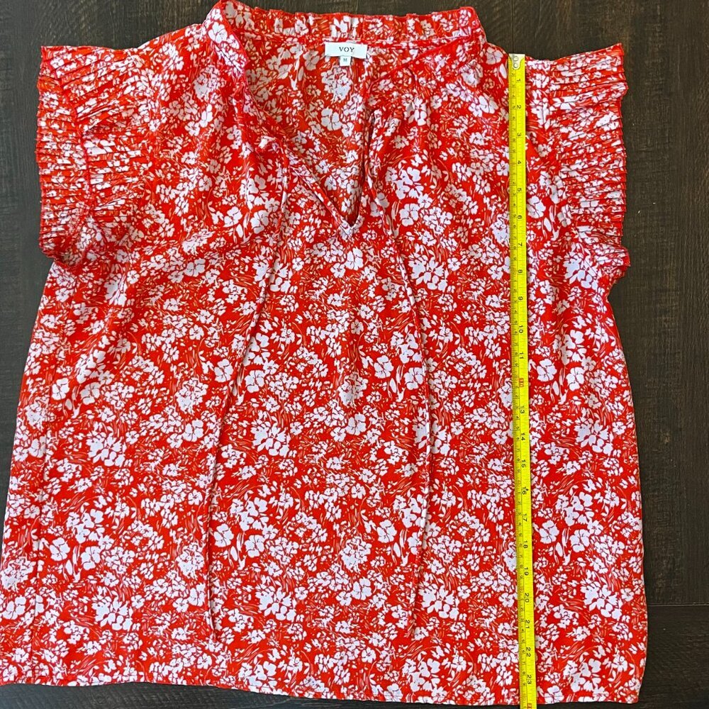 VOY Orange White Floral Ruffle Sleeve V Neck Blouse Size Medium - Picture 3 of 5